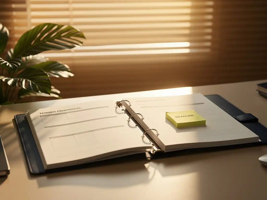 Open tenderdossier op zonnig kantoorbureau met sticky note op deadline-pagina, tropische plant en warme middagzon door jaloezieen.