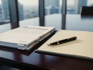 Overheidsaanbestedingsdocument en privaat tenderdossier naast elkaar op vergadertafel met vulpen, zakelijke B2B-sfeer.