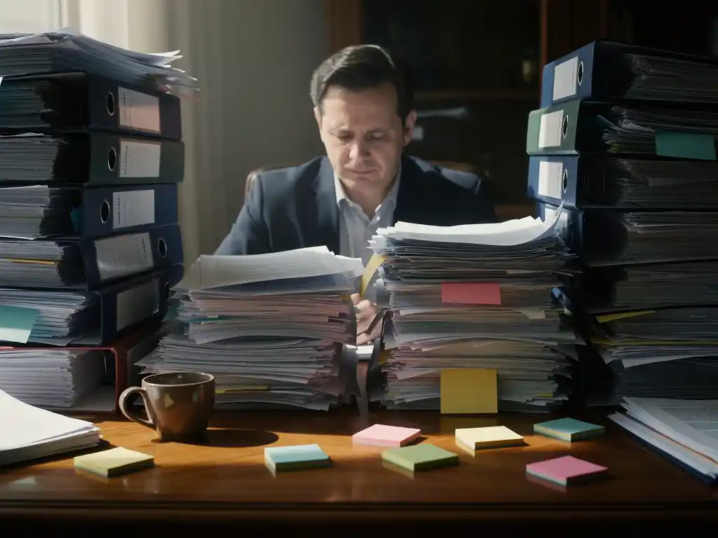Professional omringd door hoge stapels papieren documenten en dikke ordners op een eikenhouten bureau, met koffiekopje en plaknotities.