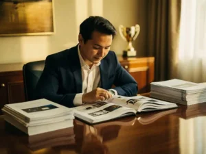 Professional bekijkt dik projectportfolio met casestudy's aan vergadertafel, stapels voorstellen en onderscheidingsplaquette op achtergrond.