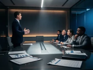 Presentator staat voor evaluatiepanel in moderne vergaderzaal, met voorstelDocumenten en scoreformulieren op de tafel op de voorgrond.