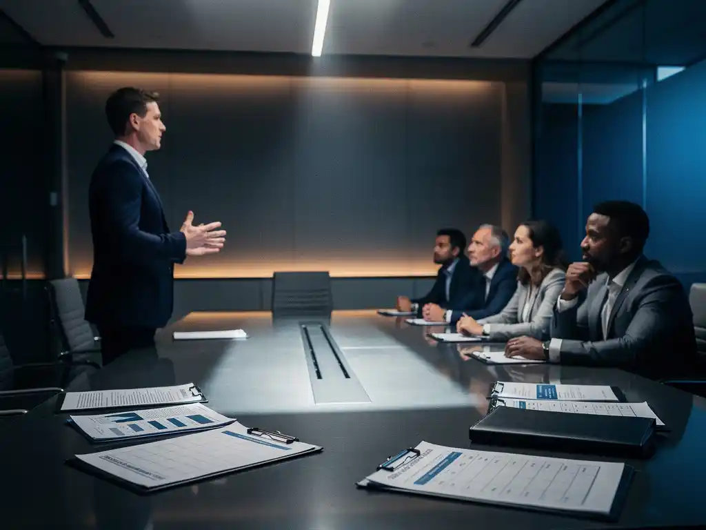 Presentator staat voor evaluatiepanel in moderne vergaderzaal, met voorstelDocumenten en scoreformulieren op de tafel op de voorgrond.