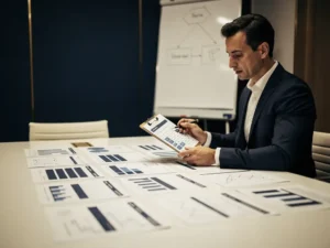 Professional die een scorecard op een klembord bestudeert aan een vergadertafel met prestatierapporten, kantooromgeving op de achtergrond.