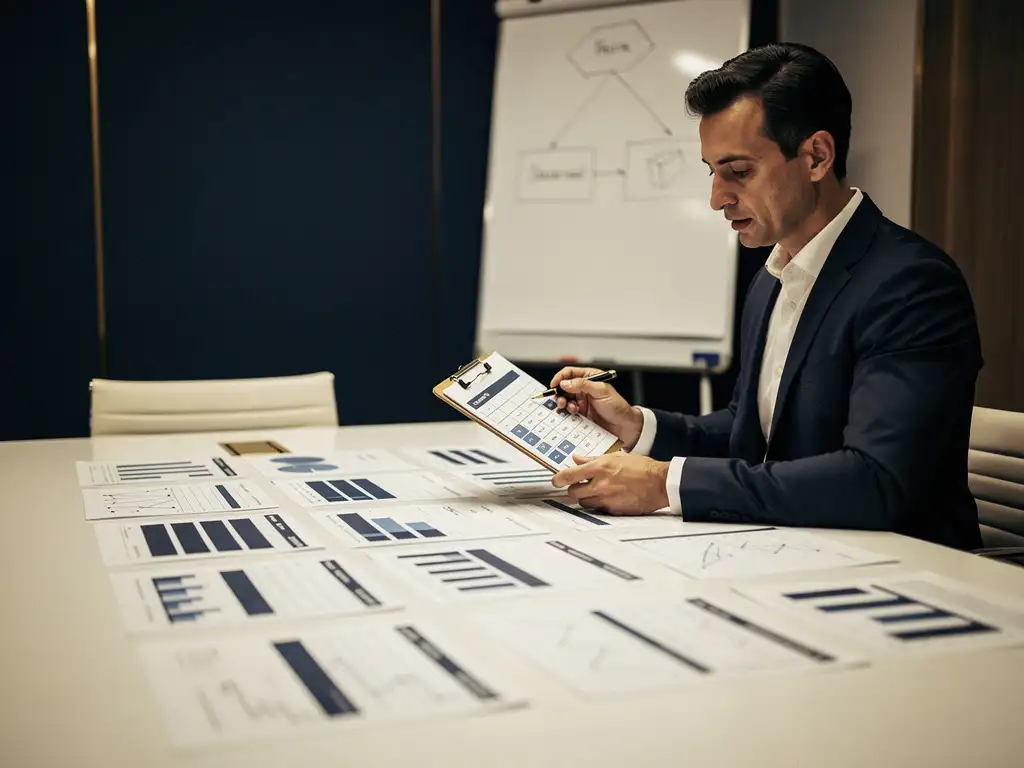 Professional die een scorecard op een klembord bestudeert aan een vergadertafel met prestatierapporten, kantooromgeving op de achtergrond.