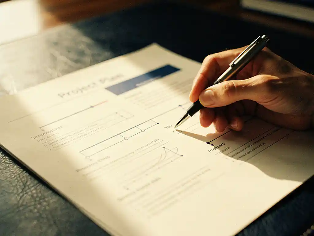 Hand die een pen zet op een openliggend projectplan op een luxe bureau met leren oppervlak, warm natuurlijk licht.