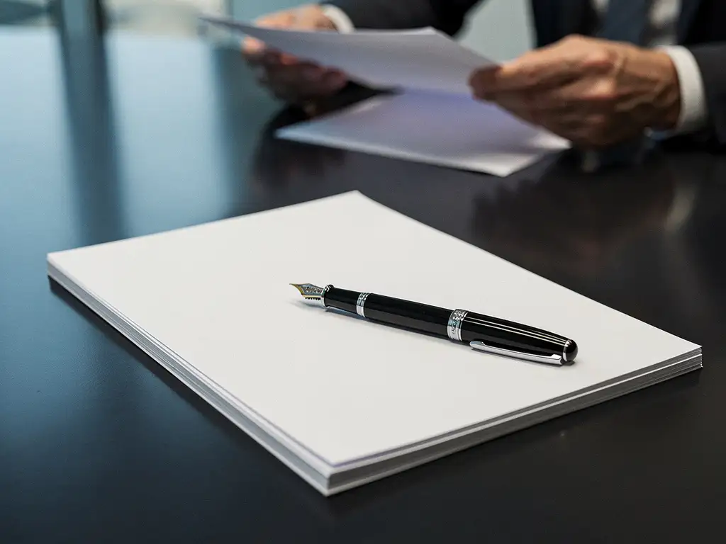 Fountain pen diagonaal op een executive summary document op een donkere vergadertafel, beslisser op de achtergrond.
