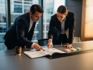 Salesmedewerker en tendermanager wijzen samen naar hetzelfde gedeelte van een offertedocument op een vergadertafel.