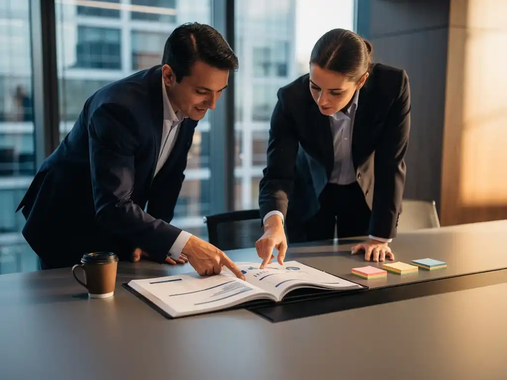 Salesmedewerker en tendermanager wijzen samen naar hetzelfde gedeelte van een offertedocument op een vergadertafel.
