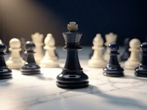 Gepolijst schaakkoning tussen identieke pionnen op marmeren ondergrond, verlicht door warm spotlight met ondiepe scherptediepte.