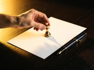 Hand plaatst een glanzende schaakkoningin op een zakelijk voorstel op donker eikenhouten bureau, met vulpen en warm goudlicht.