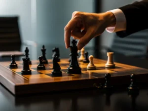 Hand boven een koningin op een schaakbord tijdens strategische openingsfase, warm licht op donker vergadertafel.