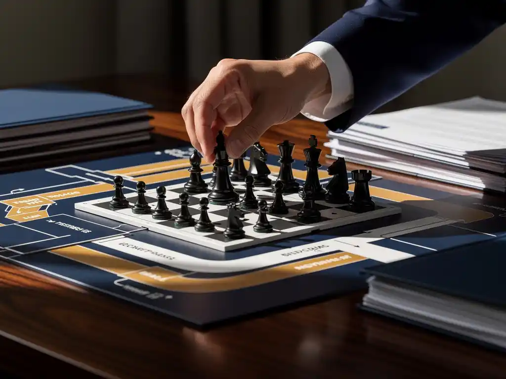 Hand plaatst een schaakkoning op strategisch biedprocesbord, omringd door voorsteldocumenten op donker eiken bureau.