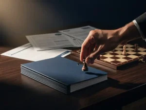 Hand plaatst schaakstuk op minimalistisch bord naast georganiseerde biedingsdocumenten op donker eiken bureau.