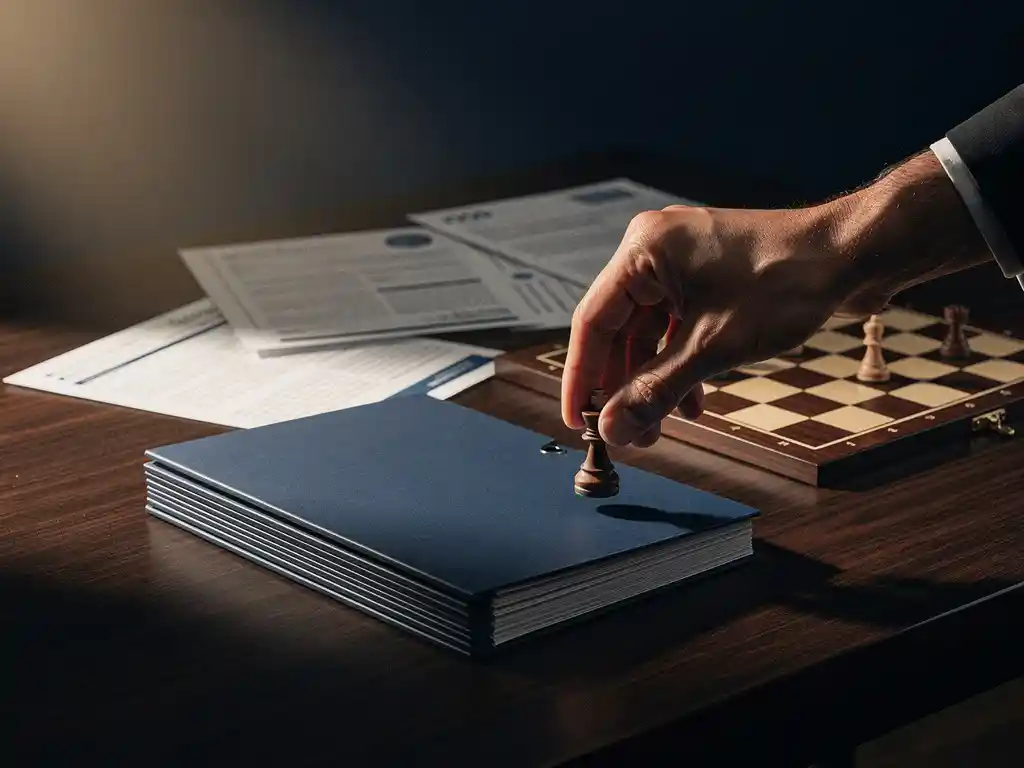 Hand plaatst schaakstuk op minimalistisch bord naast georganiseerde biedingsdocumenten op donker eiken bureau.