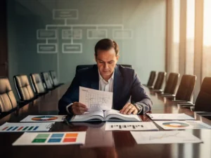 Senior executive bestudeert uitgebreid tenderdocument aan vergadertafel met strategische planningsdocumenten in warm kantoorlicht.