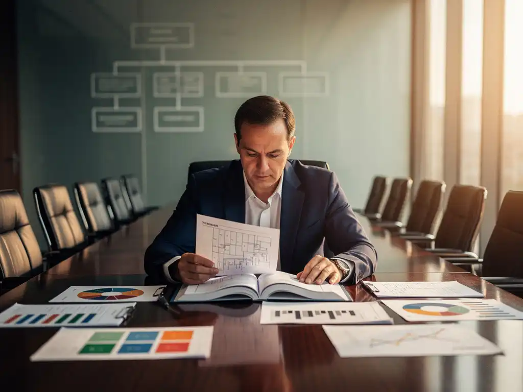 Senior executive bestudeert uitgebreid tenderdocument aan vergadertafel met strategische planningsdocumenten in warm kantoorlicht.