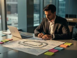 Professional die een strategische roadmap bestudeert aan vergadertafel met aantekeningen, sticky notes en laptop in modern kantoor.