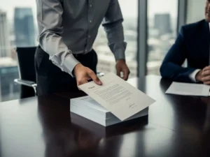 Technisch ingenieur in overhemd schuift gedetailleerd document over vergadertafel, dat transformeert naar een overzichtelijk eenpagina-voorstel, modern kantoor.