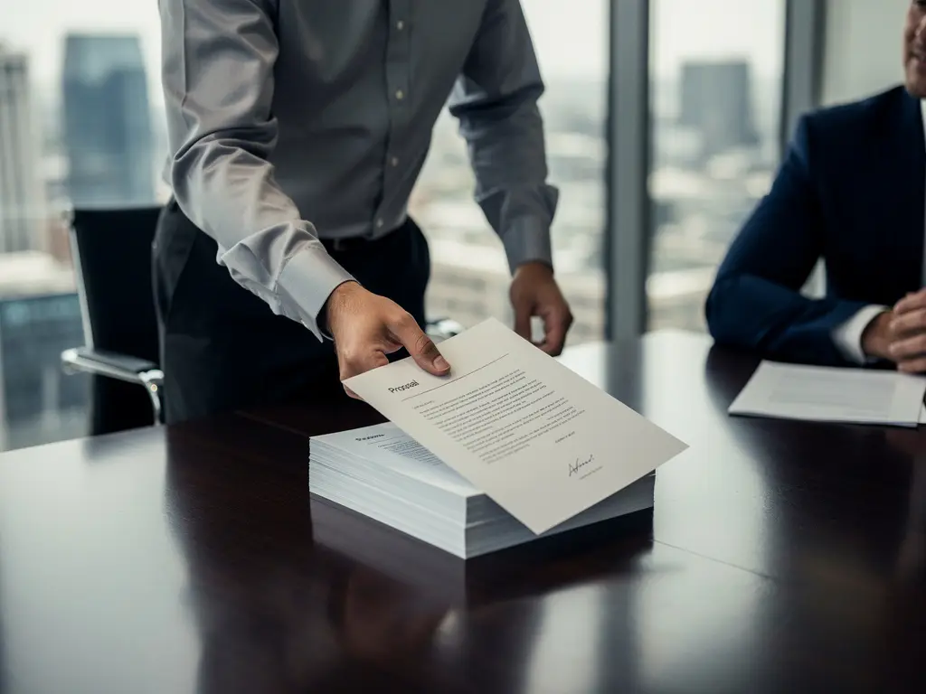 Technisch ingenieur in overhemd schuift gedetailleerd document over vergadertafel, dat transformeert naar een overzichtelijk eenpagina-voorstel, modern kantoor.