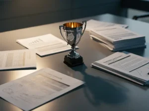 Glanzende trofee op zakelijk bureau omringd door verliesrapporten en onrendabele contracten, dramatische schaduw over papieren.