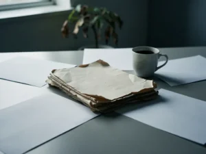 Verfrommeld afgewezen voorstel op kantoorbureau naast halfleeg koffiekopje, verspreide documenten en verwelkte plant op de achtergrond.