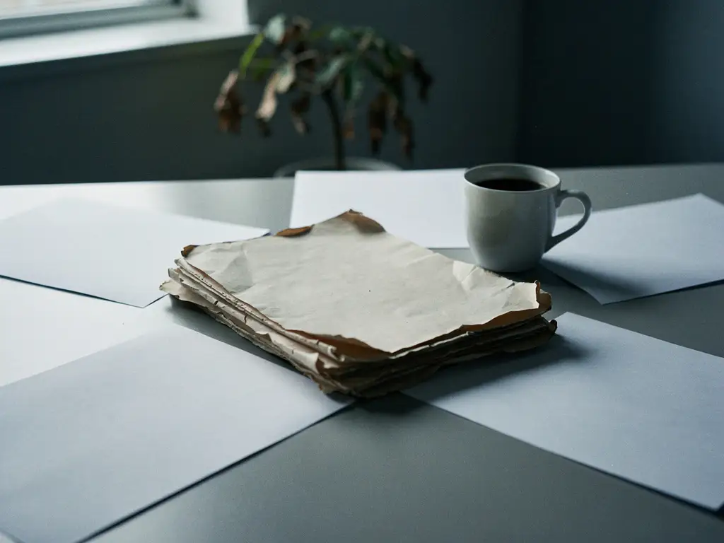 Verfrommeld afgewezen voorstel op kantoorbureau naast halfleeg koffiekopje, verspreide documenten en verwelkte plant op de achtergrond.