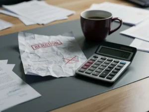 Verfrommeld voorstel met rood afkeuringsstempel naast rekenmachine en halfleeg koffiekopje op zakelijk bureau.