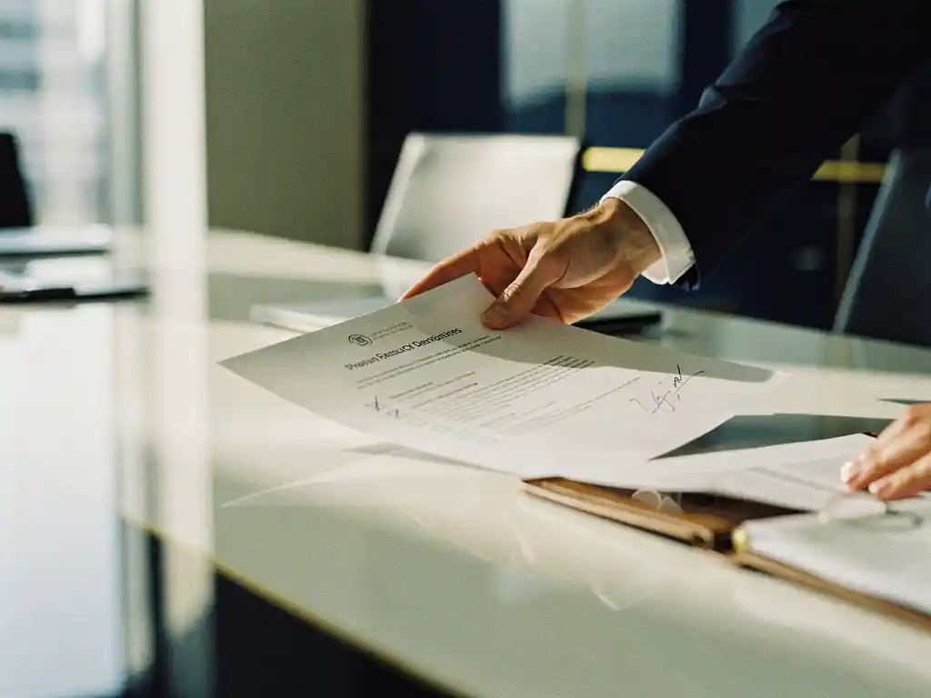Consultant schuift een op maat gemaakt voorstel over een glanzende vergadertafel, met handgeschreven notities zichtbaar ernaast.