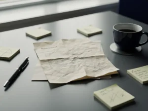 Verfrommeld voorstel op kantoorbureau met losgeklapte pen, doorgestreepte notities en vergeten koffiekopje in gedempte kantoorverlichting.