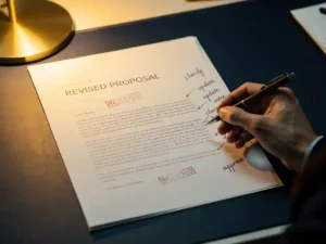 Hand die aantekeningen maakt op herzien voorstel, met vaag rood afkeuring stempel eronder, verlicht door amberkleurige bureaulamp.