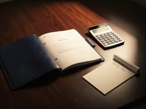 Opengeslagen leren offertemappen op donker eiken bureau met rekenmachine en handgeschreven notities in warm, gericht licht.