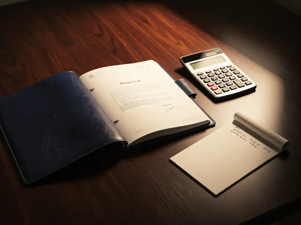 Opengeslagen leren offertemappen op donker eiken bureau met rekenmachine en handgeschreven notities in warm, gericht licht.