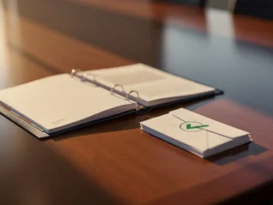 Open offertemapper op gepolijste vergadertafel naast enveloppen, één gestempeld met groen vinkje, warme middaglichtschaduwen.