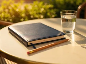 Leren projectmap en potlood op een zonnig terras, met een glas water en weelderig zomergroen op de achtergrond.