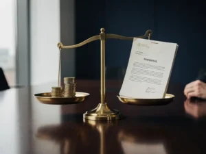 Messing weegschaal op vergadertafel met euromuntjes tegenover een offertedocument, symboliseert prijs-kwaliteitsafweging in B2B-context.