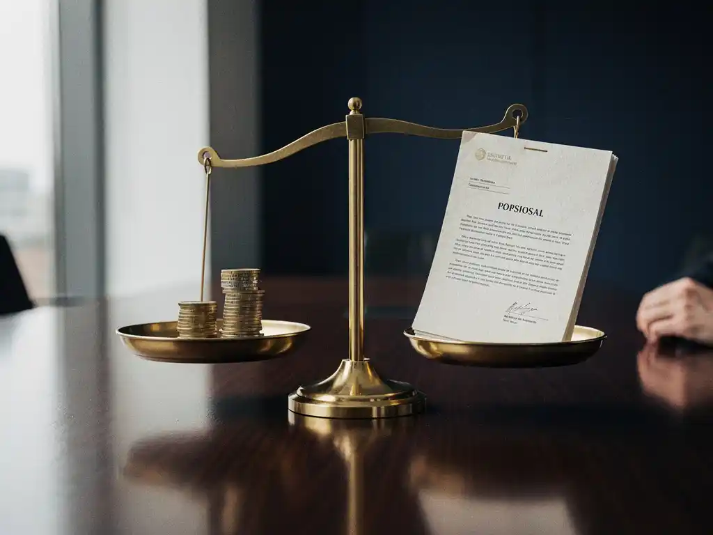 Messing weegschaal op vergadertafel met euromuntjes tegenover een offertedocument, symboliseert prijs-kwaliteitsafweging in B2B-context.