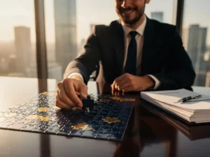 Professional die laatste puzzelstuk plaatst op vergadertafel met voorsteldocumenten, warm middaglicht door raamwand.