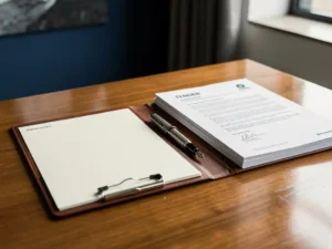 Opengeslagen leren offertedocument naast een formeel tenderdossier op een eikenhouten bureau, met een vulpen ertussen.