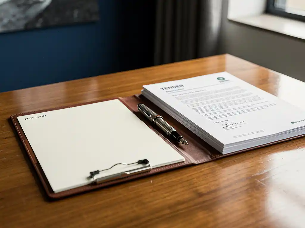 Opengeslagen leren offertedocument naast een formeel tenderdossier op een eikenhouten bureau, met een vulpen ertussen.