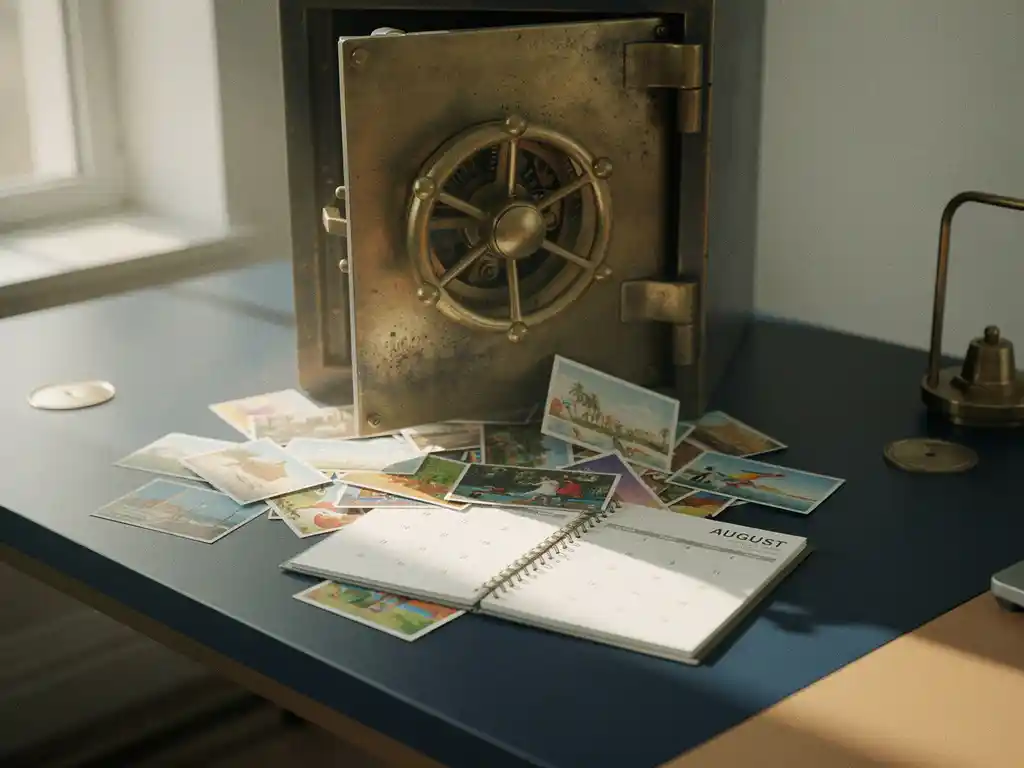 Verzegelde envelop in een messing kluisdeur, bedolven onder zomerpostkaarten en een opengeslagen augustuskalender op een modern bureau.