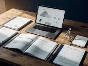 Eiken bureau met uitgespreide aanbestedingsdocumenten, laptop met overzichtsdashboard, kompas en strategisch notitieboek in warm kantoorlicht.