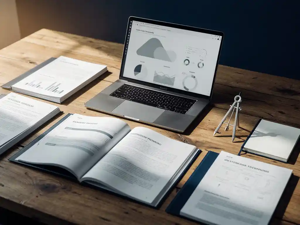 Eiken bureau met uitgespreide aanbestedingsdocumenten, laptop met overzichtsdashboard, kompas en strategisch notitieboek in warm kantoorlicht.