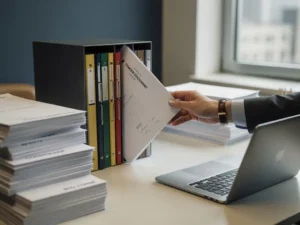 Consultant die een overheidsopdracht indient in een geordend archiefsysteem, omringd door aanbestedingsdocumenten op een zakelijk bureau.