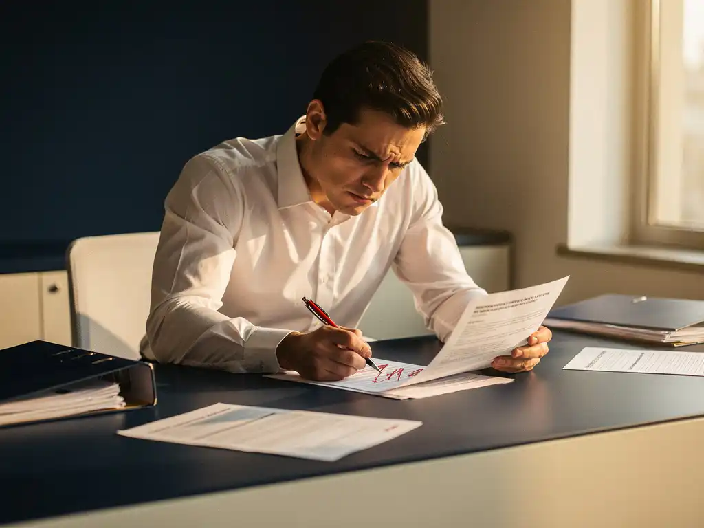 Professional buigt gefrustreerd over overheidsaanbestedingsdocument aan modern bureau, rode pen in hand, verspreide papieren.