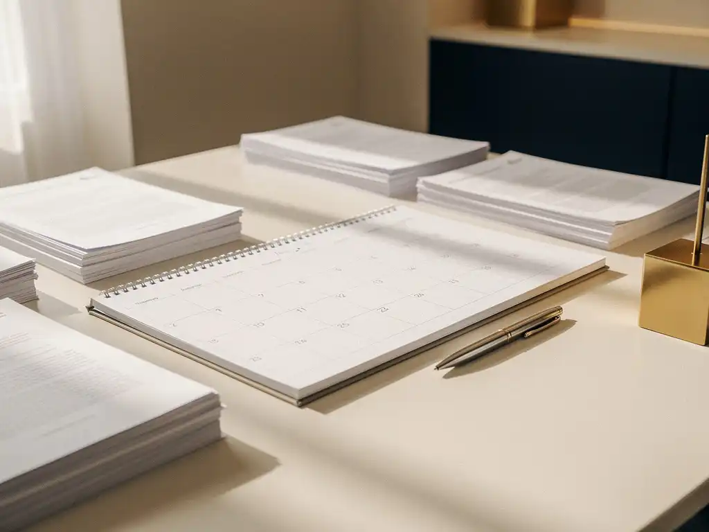 Open bureaukalender met maandoverzicht, omringd door aanbestedingsdocumenten en pen op modern consultancy bureau.