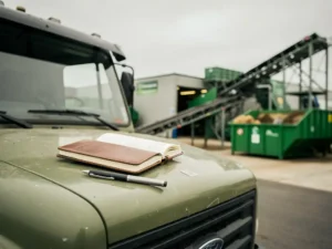 Afvalbeheertruck geparkeerd bij moderne recyclingfaciliteit met open leren notitieboek en pen op de motorkap.
