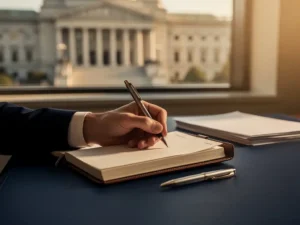 Consultant schrijft gestructureerde notities in leren notitieboek, met overheidsgebouw zichtbaar door kantoorvenster in gouden middaglicht.