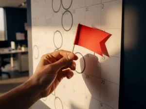 Hand die een rode vlag prikt op een kantoorkalender met omcirkelde deadlines, warm ochtendlicht in modern consultancykantoor.