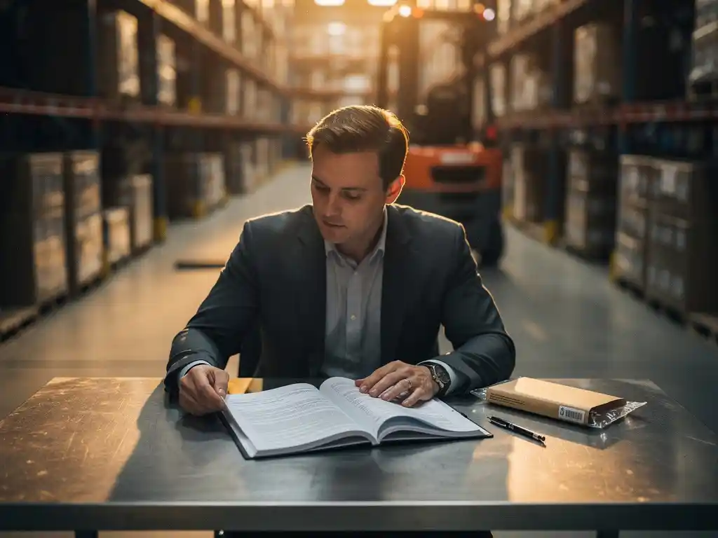 Logistiek inkoopmanager bestudeert contractdocument aan stalen bureau in magazijn met stellingkasten en heftruck op de achtergrond.
