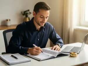 Ondernemer in overhemd bestudeert aanbestedingsdocument aan modern bureau met laptop en pen, warm kantoorlicht.
